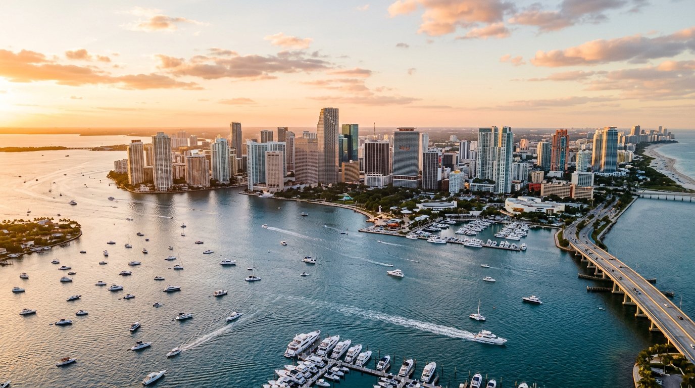 Biscayne Bay and the Miami skyline at golden hour