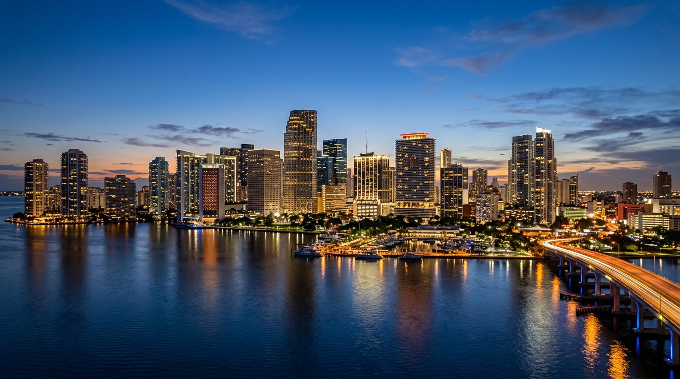 Brickell skyline over Biscayne Bay at dusk