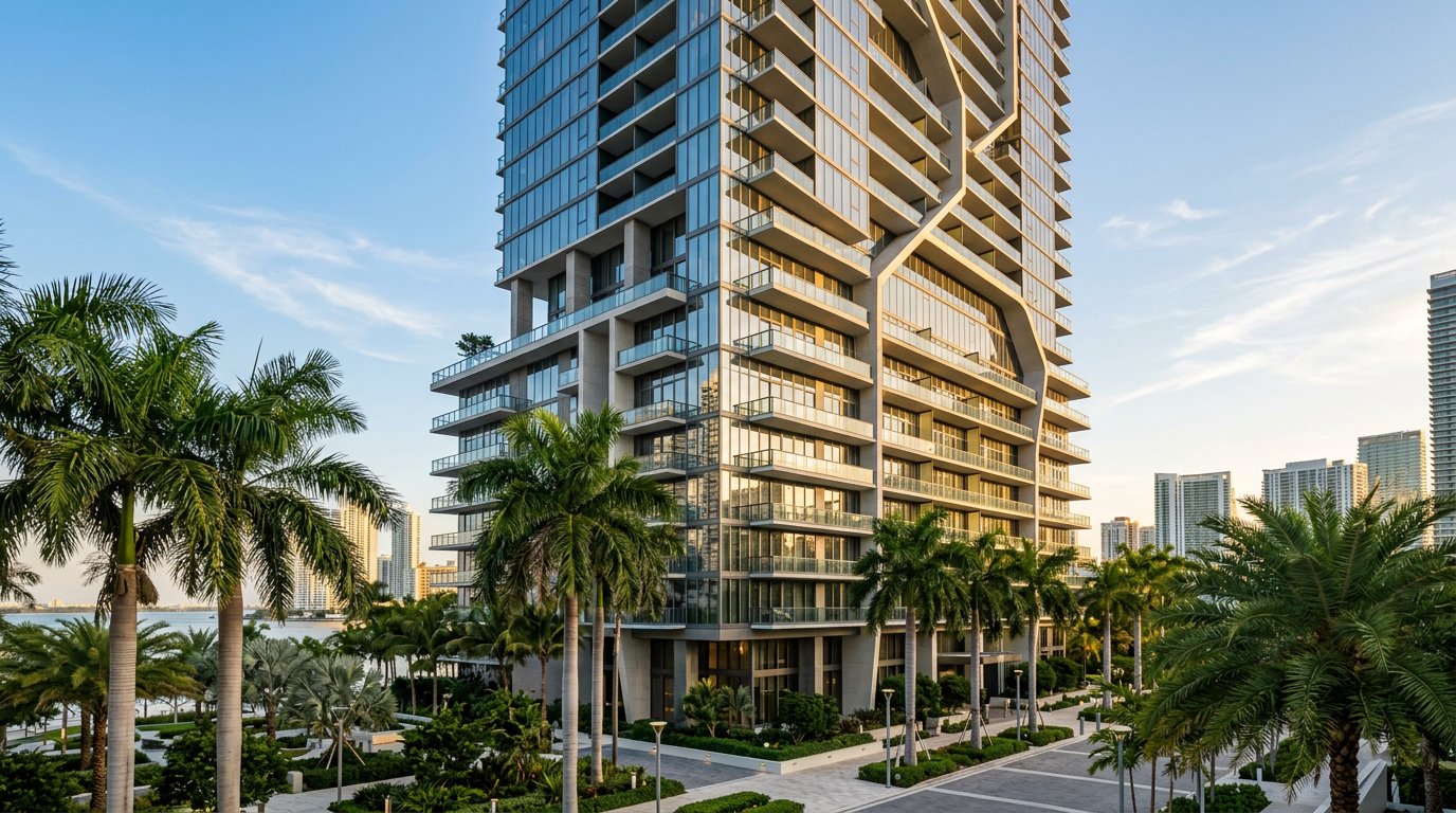 Brickell Miami condo tower facade in late afternoon light